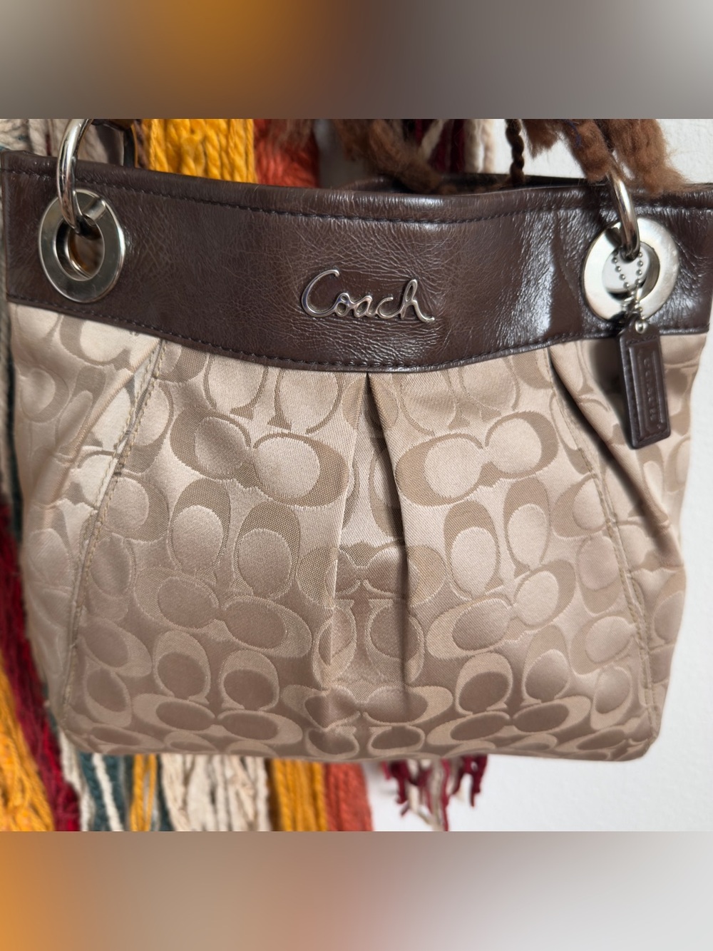 Coach Ashley Signature Pleated Hobo Shoulder Bag Cream Brown